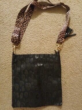 Black Leopard-Embossed Crossbody with Leopard Print Strap